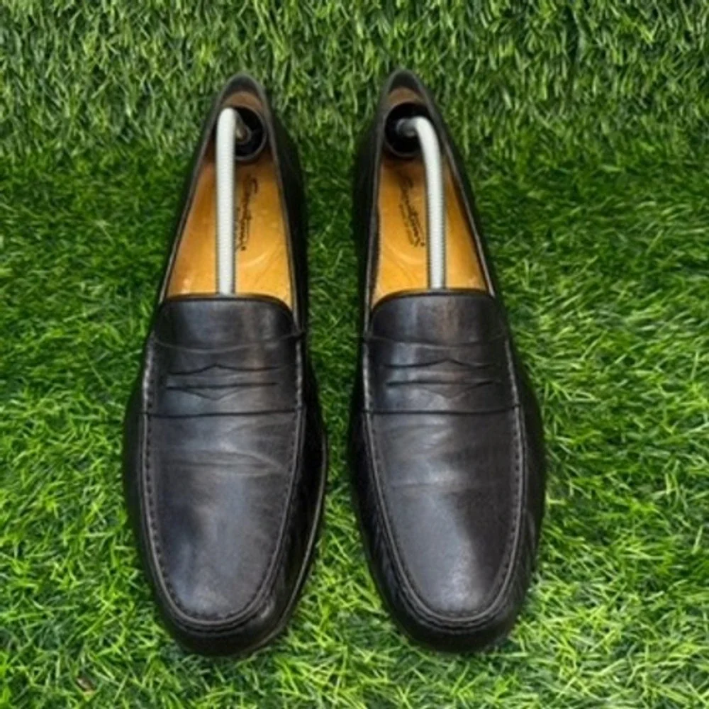 Santoni Penny Loafers Mens Black Leather Slip On 12 B Made in Italy Dress Shoes